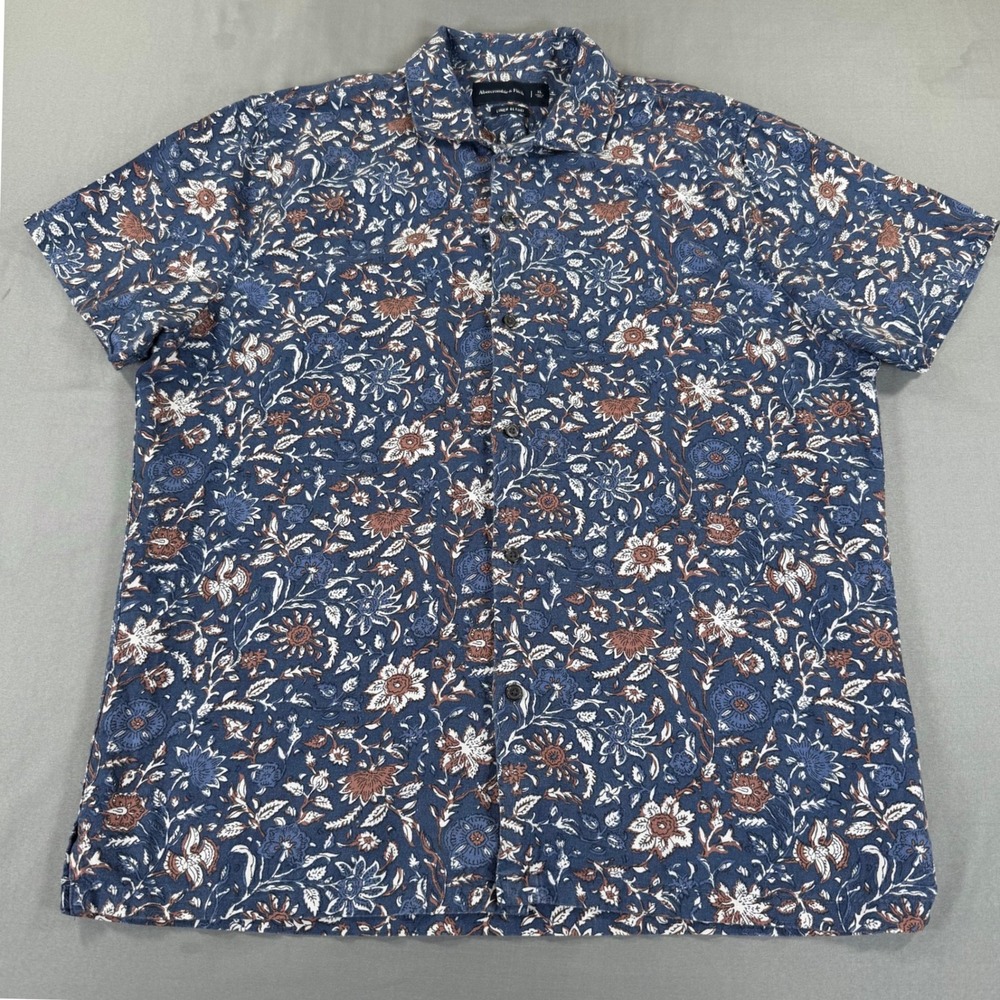 Abercrombie & Fitch Button Up Shirt Mens XL Blue Floral Linen Blend Excellent